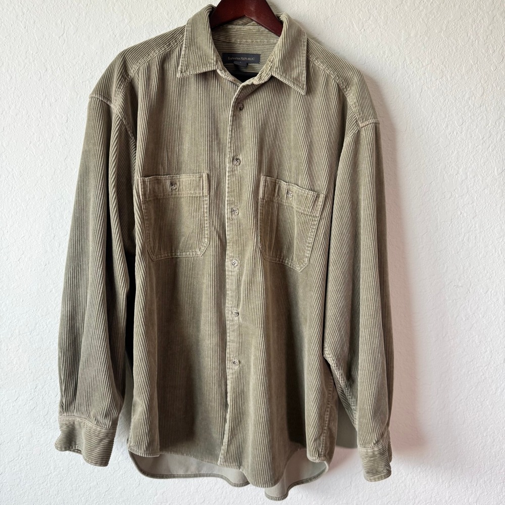 Banana Republic Mens Large Corduroy Button Down Shirt Jacket Olive Green Tan